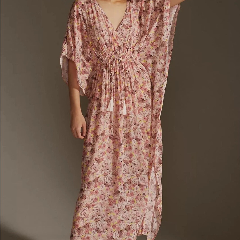 Rujata sheth Boho Floral Pink V-Neck Caftan Dress - Picture 3 of 3